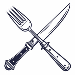 Dark blue crossed fork and knife graphic cutlery utensil