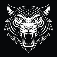 Obraz premium Black vector illustration of a wild tiger head tattoo, a tribal symbol of power and nature