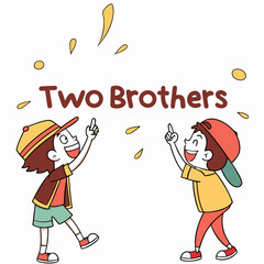 Two happy cartoon boys pointing upwards with celebratory sparks siblings friends
