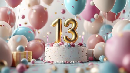 Celebratory Scene of a Thirteenth Birthday with Cake and Balloons