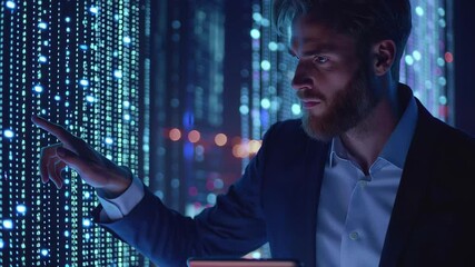 Digital data processing with businessman interacting in a futuristic environment during nighttime, digital data processing over caucasian businessman using tablet - Powered by Adobe