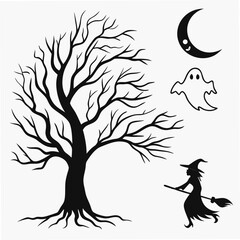 Spooky Halloween icons bare tree ghost witch moon scary