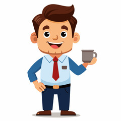 Cheerful man in blue shirt red tie holding coffee mug cartoon