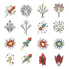Fototapeta premium Collection of colorful cartoon fireworks and sparklers celebrating holidays and special events with festive explosions