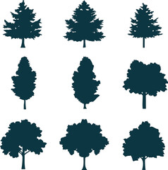 Silhouette tree icon set, clean vector shapes for decor, branding, outdoor themes, and environmental concepts.
