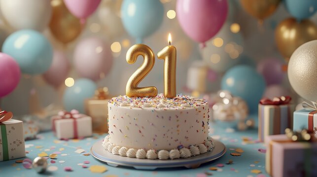 Elegant 21st Birthday Celebration with Cake, Balloons, and Gifts in Soft Focus