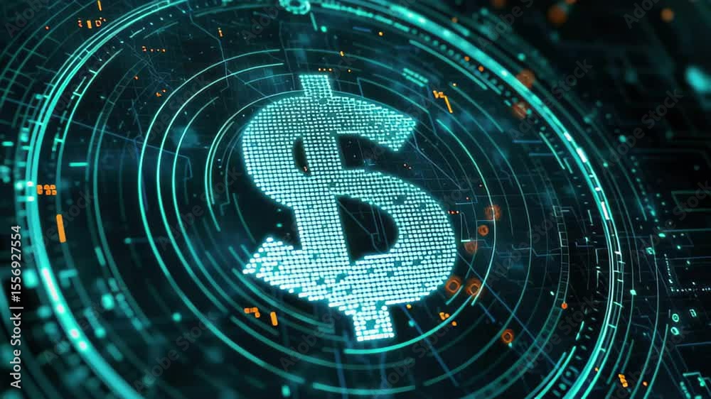 Poster data processing and analysis represented by digital dollar symbol in technology graphics, scope scan