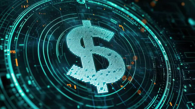 Data processing and analysis represented by digital dollar symbol in technology graphics, scope scanning over diagrams and data processing - Powered by Adobe