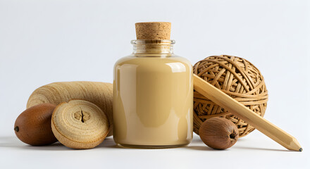 A beige paste in a glass bottle sits amongst natural wooden objects, including acorns and a ball of twine.
