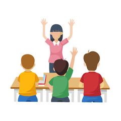 Teacher and students raising hands in classroom learning