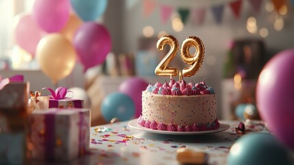 Festive 29th Birthday Celebration with Cake, Gifts, and Colorful Decorations Galore