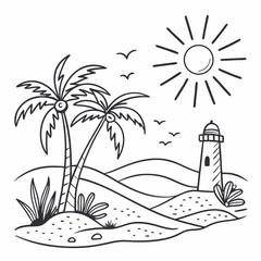 Sunny beach with palm trees lighthouse and flying birds vector
