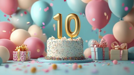 Festive tenth birthday celebration with cake, balloons, and presents galore