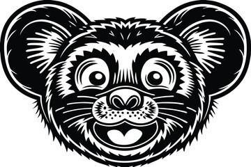 A smiling bear shows its teeth in a black and white animal face