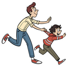 Two boys running in comic style chasing cartoon