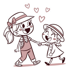 Happy girls holding hands with hearts floating above sisters friendship