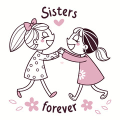 Two happy sisters holding hands with flowers and hearts friendship love
