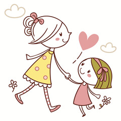 Two happy girls holding hands with a pink heart above them sisters friendship