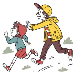 Boys chasing each other in comic style running playful