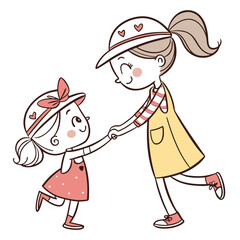 Two happy girls holding hands wearing cute outfits sisters