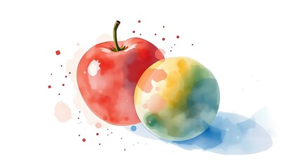 Obraz premium Watercolor illustration of ripe red apple with green yellow colored sphere