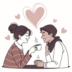 Couple sharing coffee with hearts steam vector