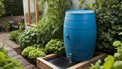 Rain barrel in backyard collecting rainwater