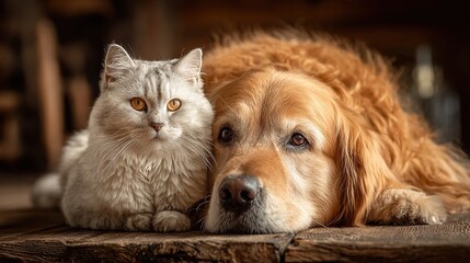 Cute kitten sitting on golden retriever. Adorable scene of a small cat and a big dog together. The playful and friendly interaction between different pets.