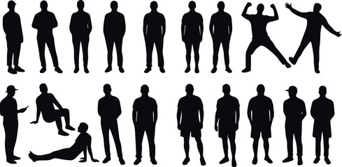 Silhouettes of various people standing in different poses against a white background studio shot