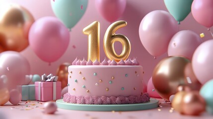 Sweet Sixteen Birthday Celebration with Pink Cake and Pastel Balloons Decor