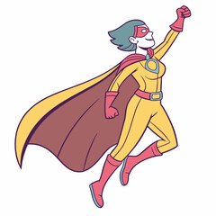 Yellow suited superheroine flying with red cape and mask woman