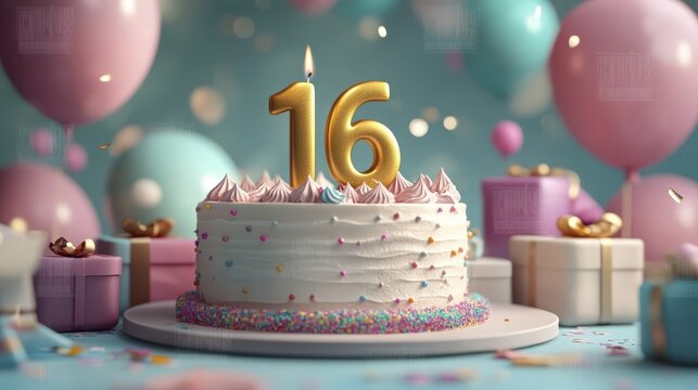 Sweet Sixteen Birthday Celebration with Cake Balloons and Presents in Pastel Colors