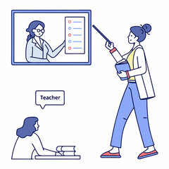 Teacher instructing student with pointer and books learning education