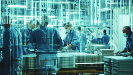 Financial data processing by diverse workers in a modern facility, financial data processing over diverse workers in factory - Powered by Adobe