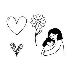 Mother and child hug with flower and heart love