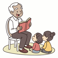 Elderly man reading book to children grandfather storytelling