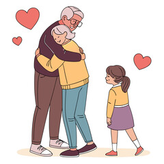 Grandparents hugging daughter with hearts family love