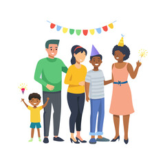 Diverse family celebrating with sparklers and party hats celebration diversity