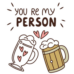 Two beer mugs with foamy tops and hearts friendship love