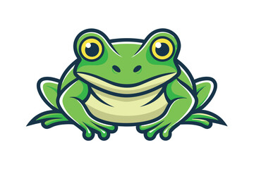 Cartoon green tree frog smiles directly forward, sitting with poised legs in place