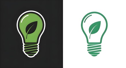 Eco Light Bulb Green Leaf Icon Set Black White Background Sustainability Symbol