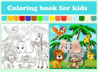 Fototapeta premium Coloring book for kids featuring elephant and jungle animals 