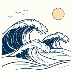 Majestic ocean waves under a pale sun with soaring birds crashing waves water