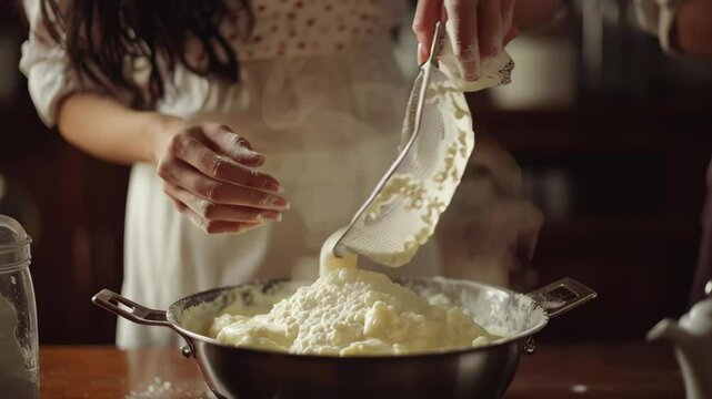 Mom and daughter enjoy baking together by sifting flour into a whipped egg mixture in a cozy kitchen, Mom and daughter sift flour into whipped egg mixture in kitchen