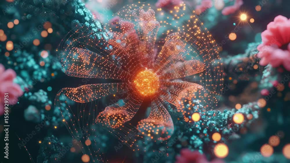 Poster Futuristic representation of network growth with radiant floral patterns and glowing connections, 4K Futuristic Network Growth 3D