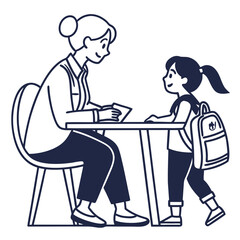 Teacher and student meeting at desk with books and backpack vector