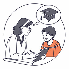 Teacher and student discussing graduation cap during meeting education