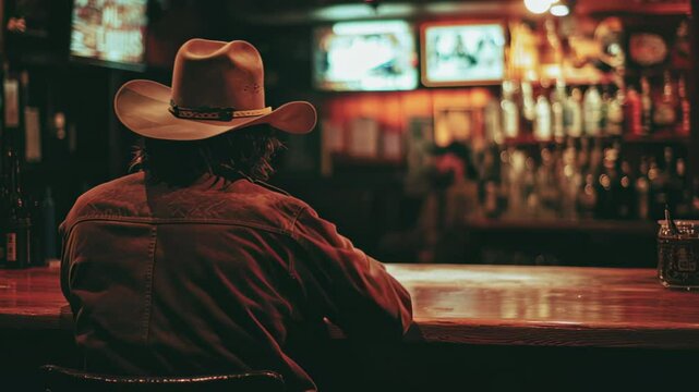 Cowboy sitting alone at the bar in a dimly lit pub during evening hours, Cowboy inside a pub