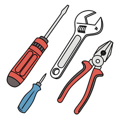 Red blue adjustable wrench screwdriver pliers tool set tools