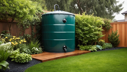 Obraz premium Eco rainwater storage tank in home garden
